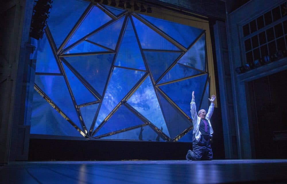 Omar Ebrahim as Schoenberg in the closing scene of &quot;Schoenberg In Hollywood&quot; during a dress rehearsal at the Paramount Theater. (Jesse Costa/WBUR)