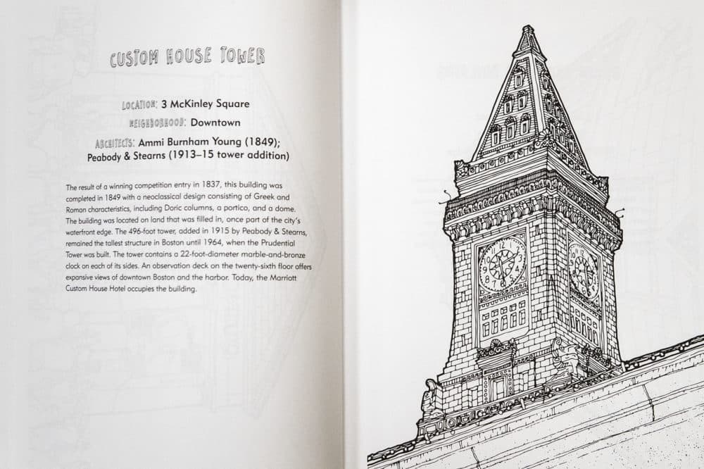 Custom House Tower is featured in the Historic Buildings Of Boston coloring book. (Jesse Costa/WBUR)