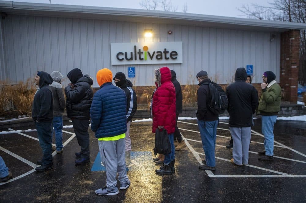 A line forms outside of Cultivate in Leicester, one of two stores to legally sell marijuana recreationally in Massachusetts, on Tuesday. (Jesse Costa/WBUR)