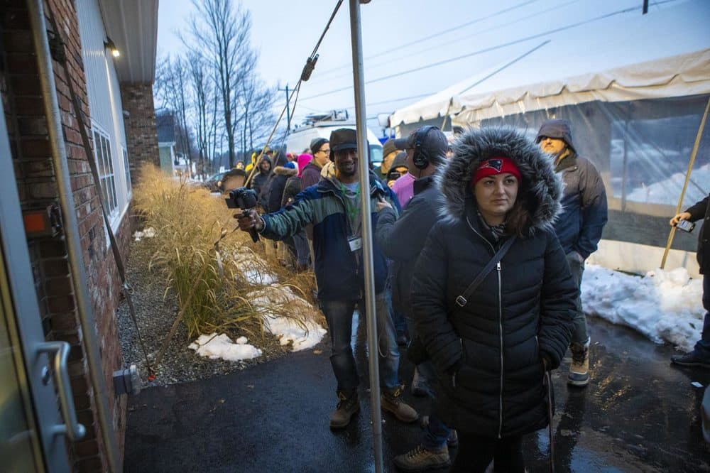 In the early morning rain, Brittani Beeso was the first to wait in line at Cultivate. (Jesse Costa/WBUR)