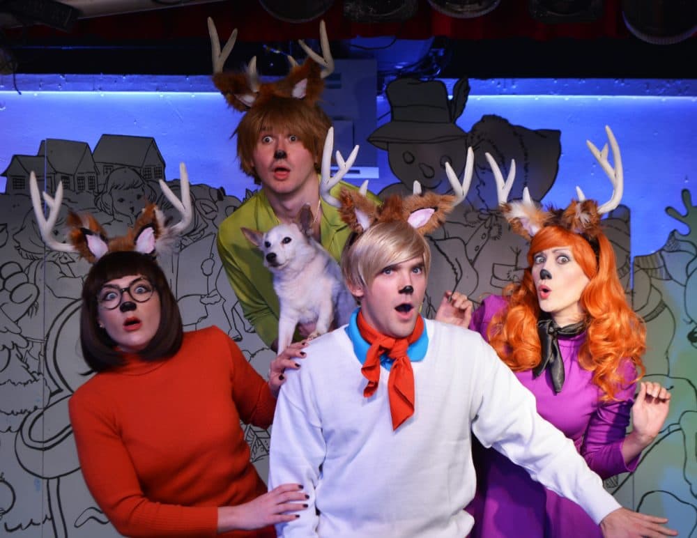 Clockwise from top: Samuel Thornhill as Blitz Blitzen, Taryn Lane as Dani Dancer, Jeff Blanchette as Chris Comet, and Kiki Samko as Clair Cupid (and Rhoda the Dog) in &quot;A Nightmare on Elf Street&quot;. (Courtesy Michael von Redlich)