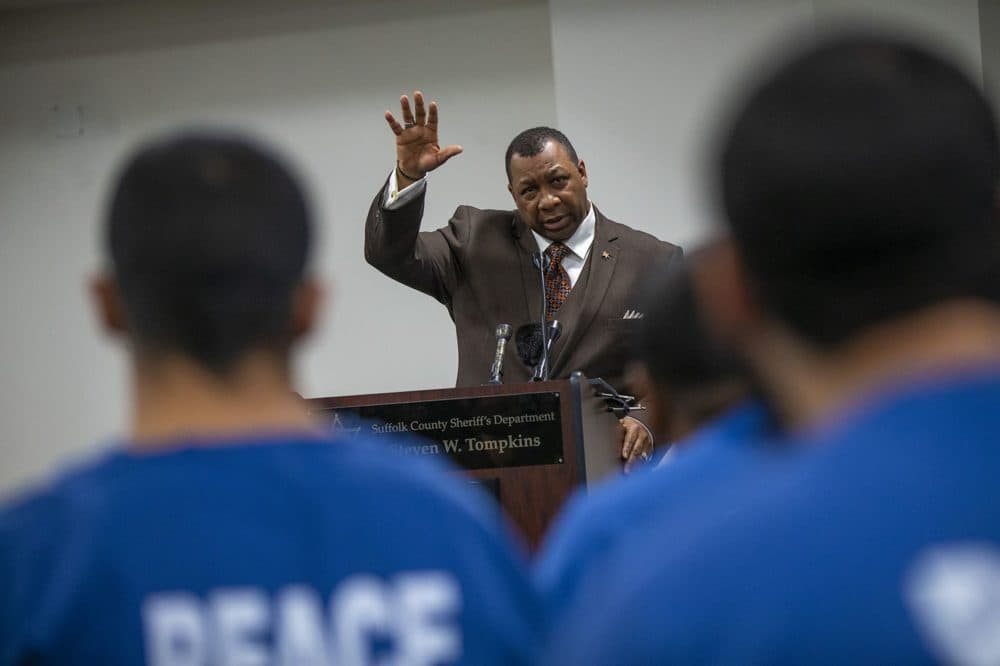 Suffolk County Sheriff Steve Tompkins speaks at a press conference about the department’s new PEACE program at the Suffolk County House of Correction. (Jesse Costa/WBUR)