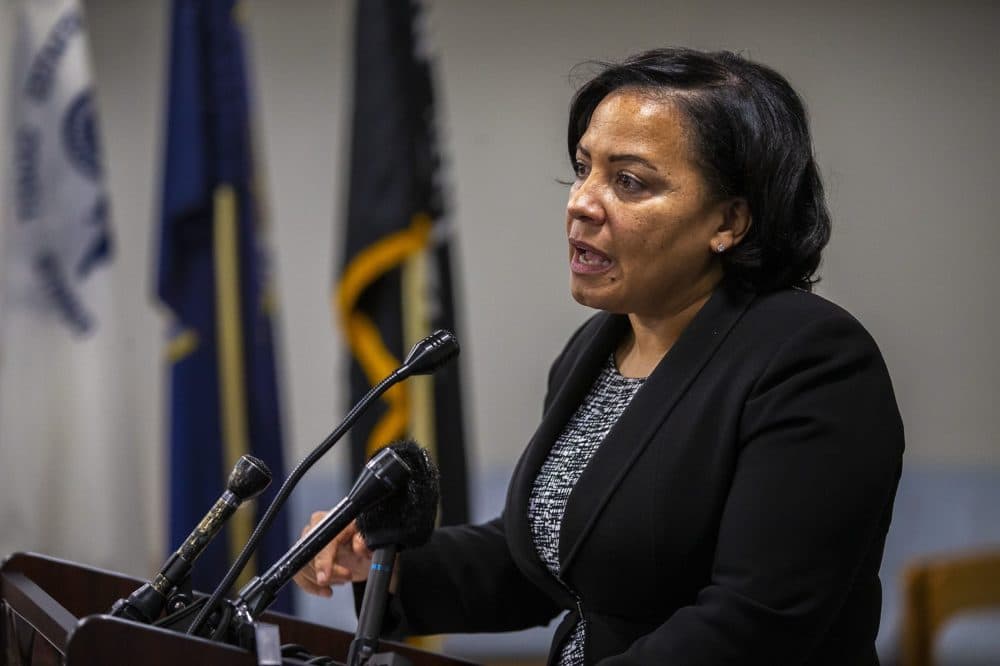 Suffolk County District Attorney-elect Rachael Rollins speaks during the press conference at the Suffolk County House of Correction. (Jesse Costa/WBUR)