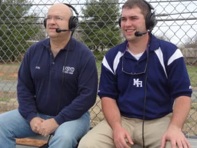 Kelly Epperson with his son Hal Epperson calling a Mount Airy Bears high school baseball game for WPAQ. (Courtesy Kelly Epperson)