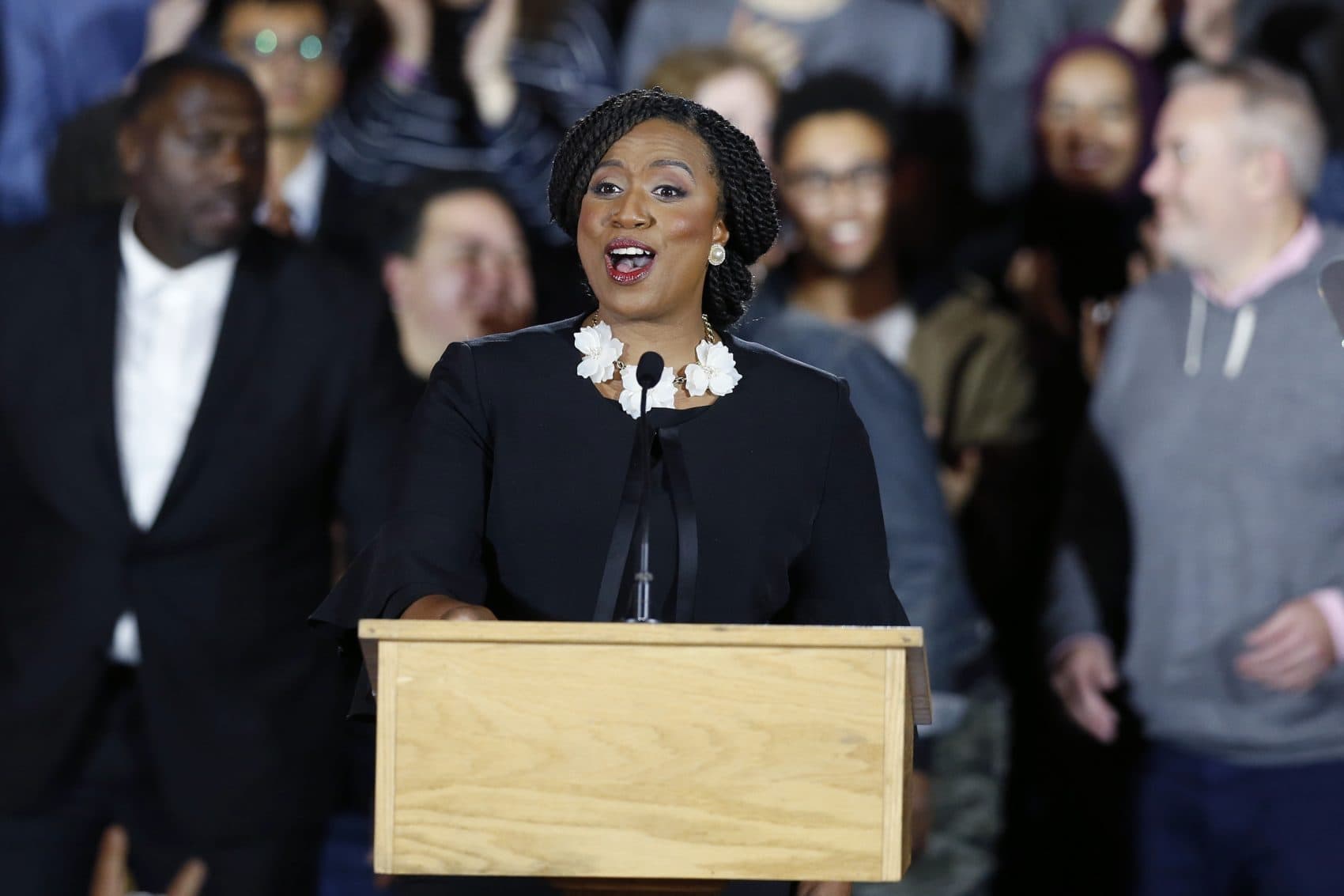 Democrat Ayanna Pressley gives her victory speech at an election night party after being elected to represent Massachusetts' 7th congressional district, Tuesday, Nov. 6, 2018, in Boston. (Michael Dwyer/AP)