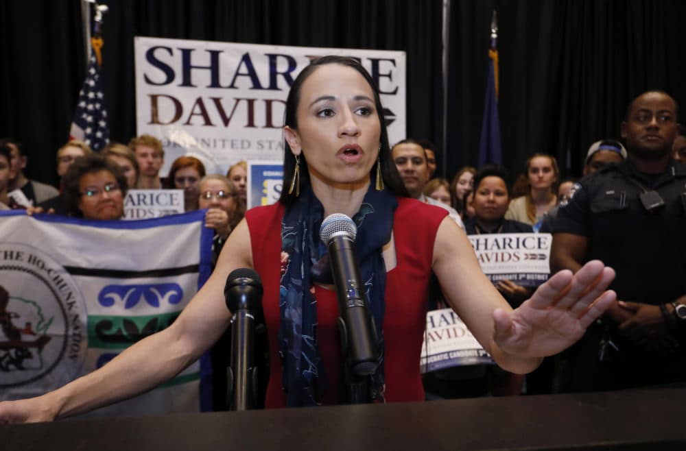Democrat House candidate Sharice Davids speaks to supporters at a victory party in Olathe, Kan., Tuesday, Nov. 6, 2018. Davids defeated Republican incumbent Kevin Yoder to win the Kansas' 3rd Congressional District seat. (AP Photo/Colin E. Braley)
