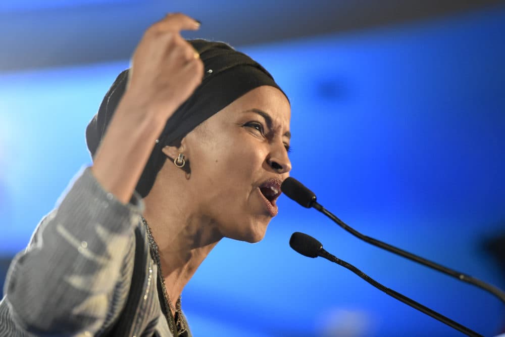 Democrat Ilhan Omar speaks after winning in Minnesota's 5th Congressional District race during the election night event held by the Democratic Party Tuesday, Nov. 6, 2018, in St. Paul, Minn. (Hannah Foslien/AP)