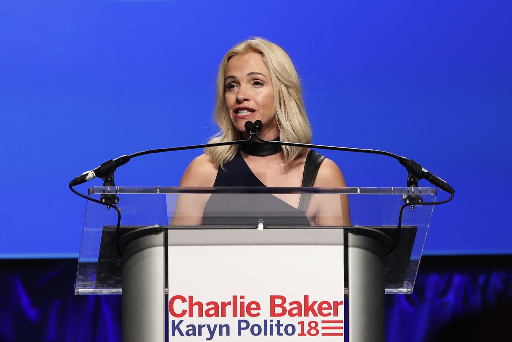 Kirsten Hughes, chair of the Massachusetts Republican Party, speaks during an election night rally celebrating the reelection of Republican Gov. Charlie Baker on Nov. 6 in Boston. (Winslow Townson/AP)