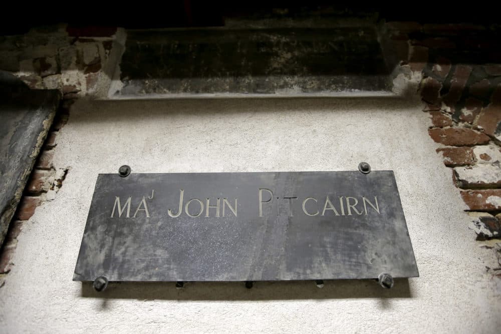 In this Wednesday, Nov. 7, 2018 photo, a plaque marks the tomb of Revolutionary War British Marine Major John Pitcairn in the basement of Old North Church, in Boston. Pitcairn was buried at the church after he was mortally wounded during the 1775 Battle of Bunker Hill. (Steven Senne/AP)