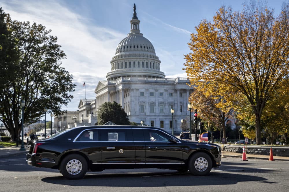 President Donald Trump's motorcade leaves Capitol Hill after a ceremony for new Associate Justice Brett Kavanaugh at the Supreme Court, in Washington, Thursday, Nov. 8, 2018. Suddenly facing life under divided government, President Donald Trump and congressional leaders talked bipartisanship but then bluntly previewed the fault lines to come. Trump threatened to go after House Democrats who try to investigate him, while Rep. Nancy Pelosi said her party would be &quot;a check and balance&quot; against the White House. (AP Photo/J. Scott Applewhite)
