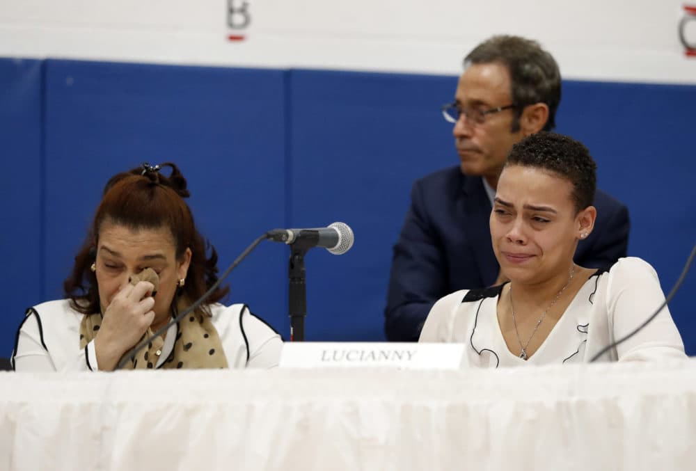 As her mother Rosaly wipes away a tear, Lucianny Rondon, sister of Leonel Rondon, the young man killed in the Sept. 13 Merrimack Valley gas explosions, pauses while making a statement during a hearing Monday in Lawrence. (Winslow Townson/AP)