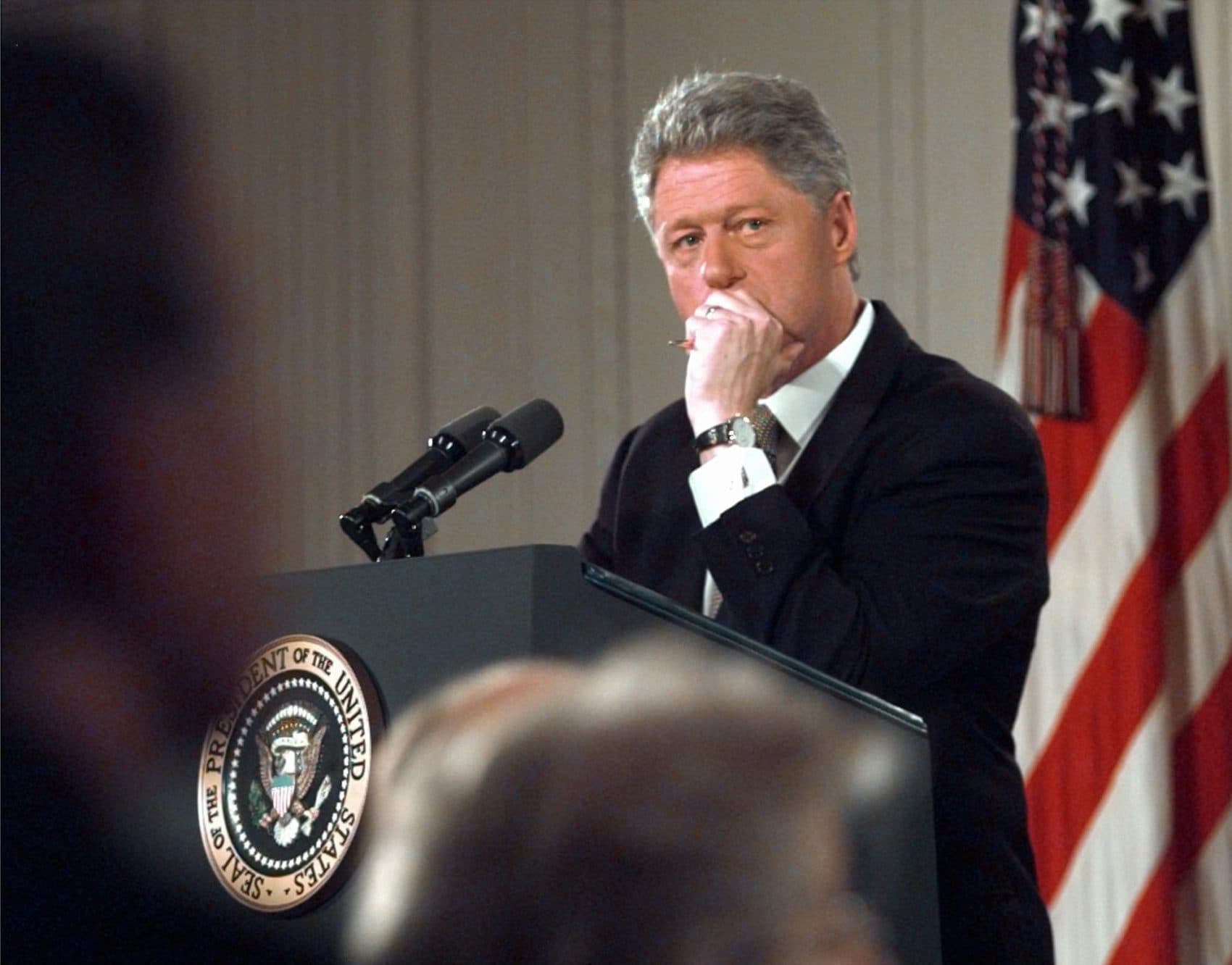 President Clinton ponders a question during his news conference in the East Room of the White House Thursday April 30, 1998. (Ron Edmonds/AP)
