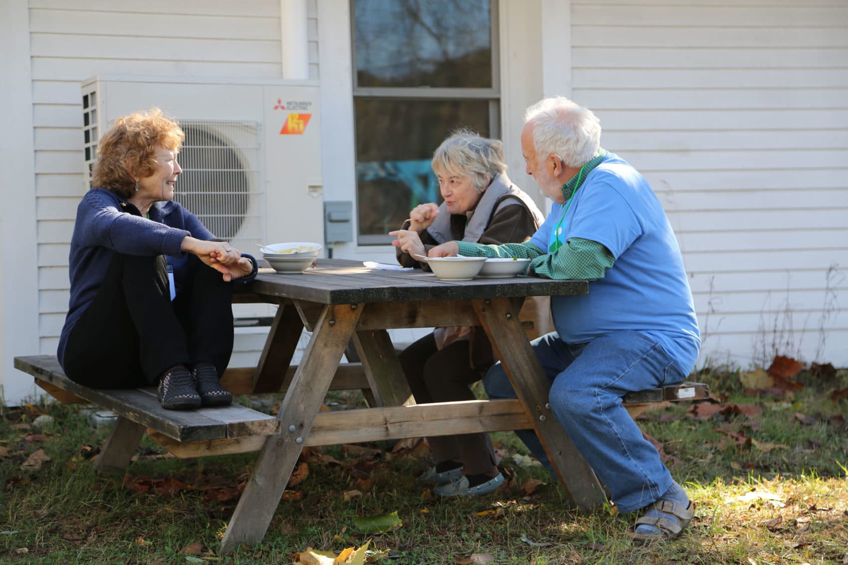 A few members of Hands Across the Hills take a break from a facilitated dialogue session in Leverett, Mass., in October 2017. (Garrison Greenleaf/Courtesy of Hands Across the Hills)