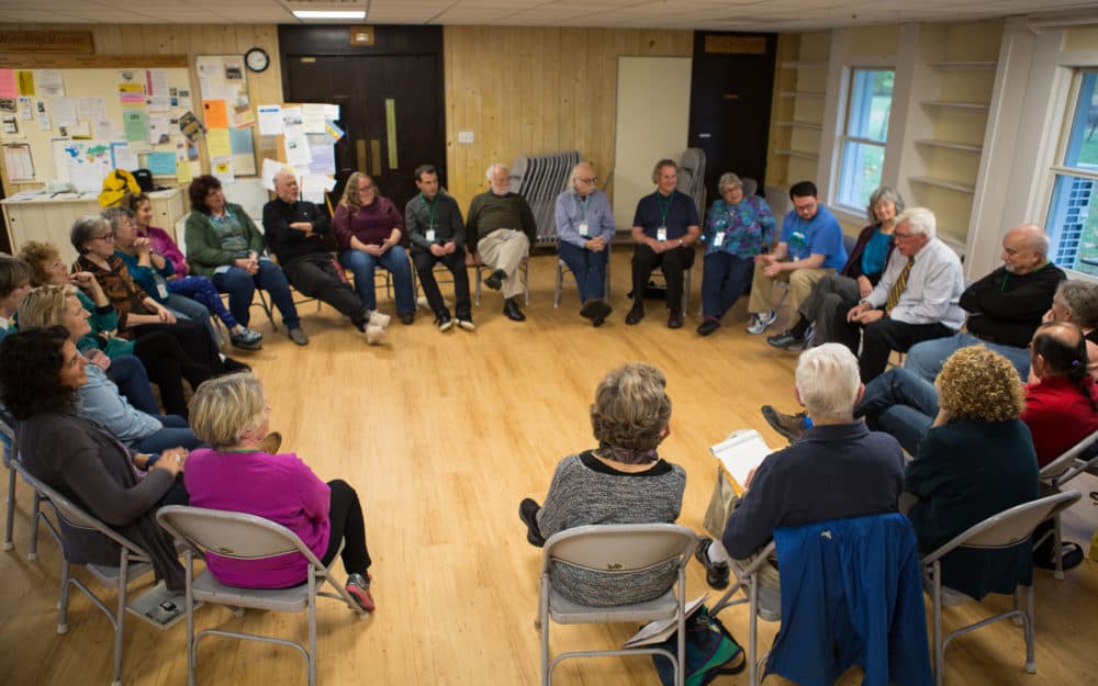 A facilitated dialogue session at the Hands Across the Hills location in Leverett, Mass., in October 2017. (Chana Rose Rabinovitz/Courtesy of Hands Across the Hills)