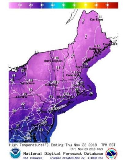 A map of temperatures across New England Thursday. (National Weather Service)