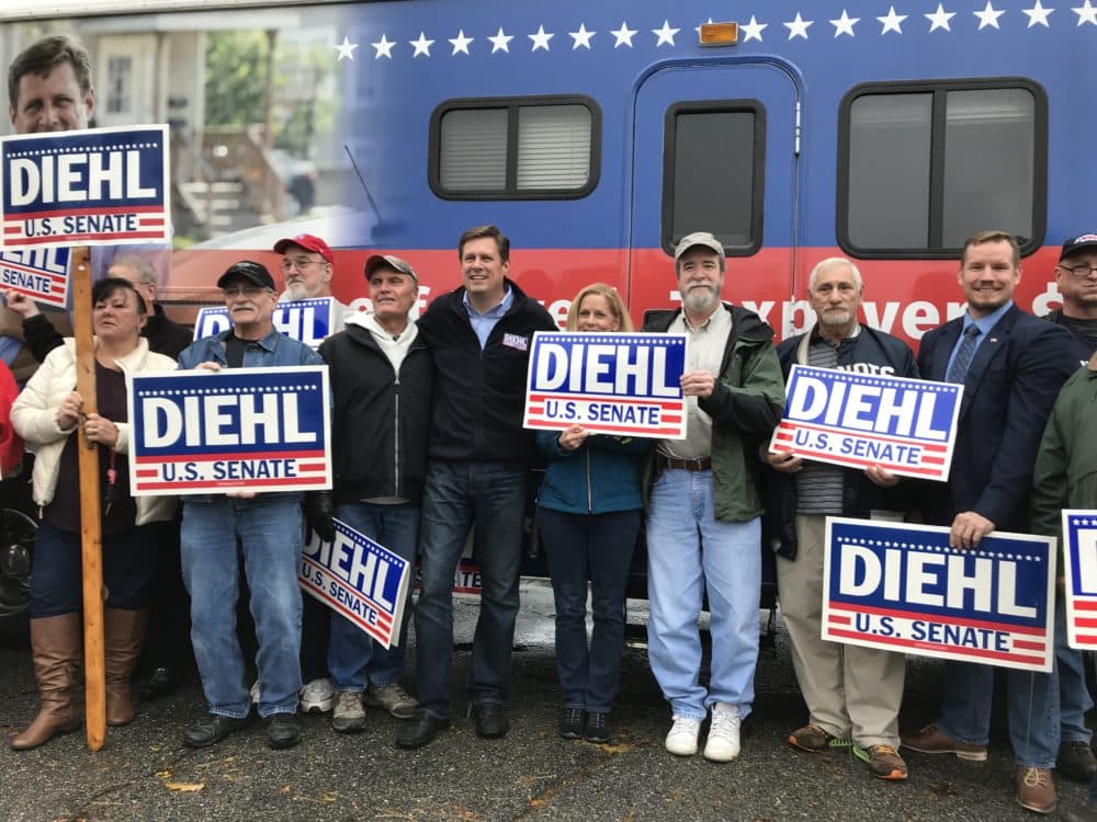 Geoff Diehl with supporters in Fitchburg on Saturday. (Anthony Brooks/WBUR)