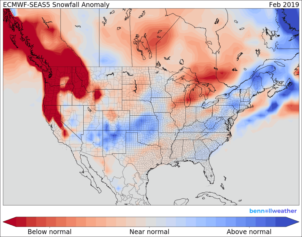 The European model is forecasting above normal snowfall for February. (Courtesy Ben Noll Weather)