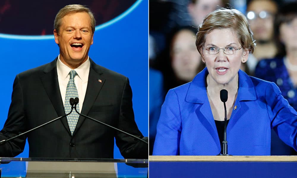 Gov. Charlie Baker and U.S. Sen. Elizabeth Warren, after their respective re-election wins (Winslow Townson and Michael Dwyer/AP)