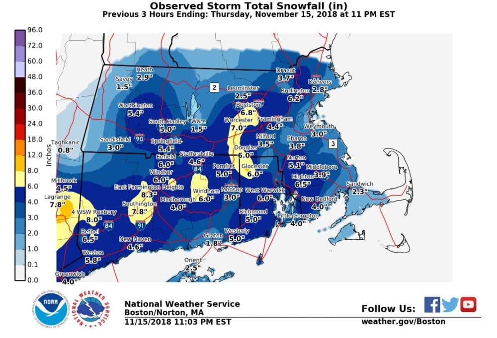Snow totals as of 11 p.m. Thursday (National Weather Service)