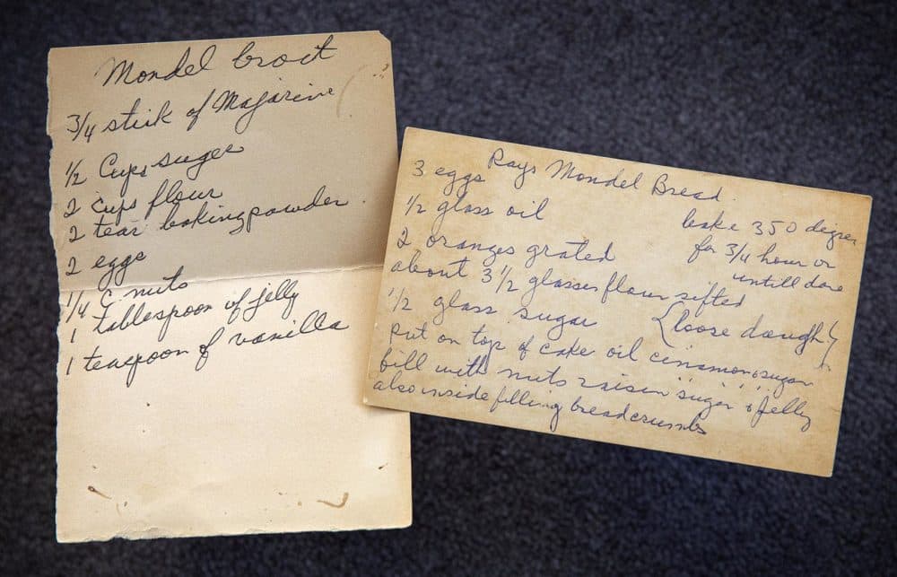 Two recipes for mandelbroit, or mandel bread, a traditional Jewish cookie similar to biscotti, from Here &amp; Now editor Eileen Bolinsky's grandma Sarah. (Robin Lubbock/WBUR)