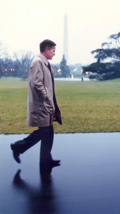 George H.W. Bush takes a walk along the White House's South Lawn just hours before announcing the start of what would come to be known as Operation Desert Storm. (Courtesy of David Valdez)