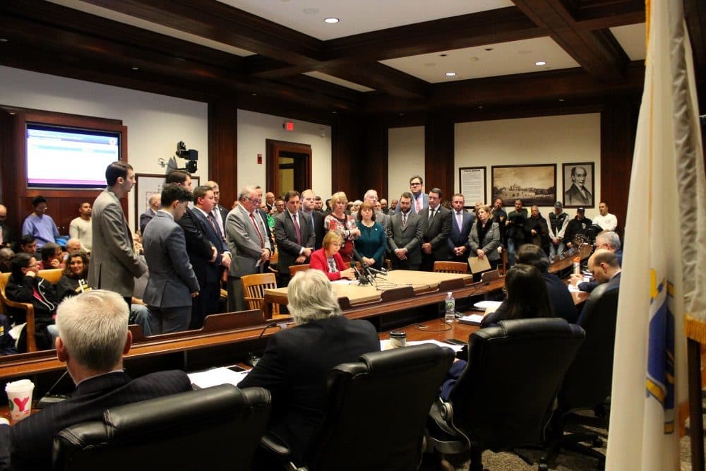 Rooms on the first floor were packed Tuesday afternoon during the Telecommunications, Utilities and Energy hearing. (Sam Doran/State House News Service)