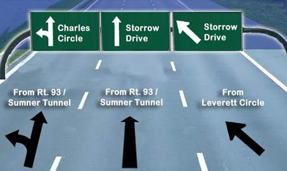 A graphic of the lane configuration the state is testing out on a section of westbound Storrow Drive in Boston. (Courtesy MassDOT)