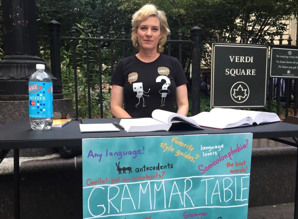 Every week, Ellen Jovin sets up a table in the middle of Manhattan, dissecting grammar for people on the streets. (Courtesy of Ellen Jovin)