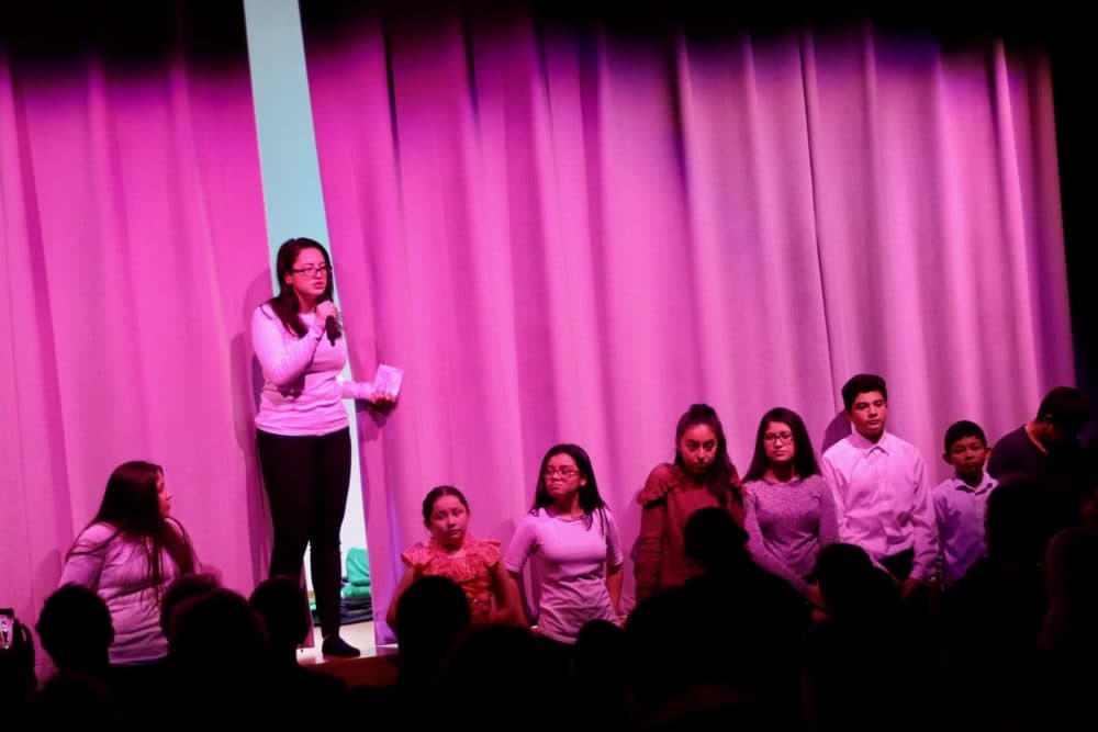 Jacqueline Landaverde, 17, speaks to the audience at the end of the show. (Courtesy Fr. Andrés Araque)