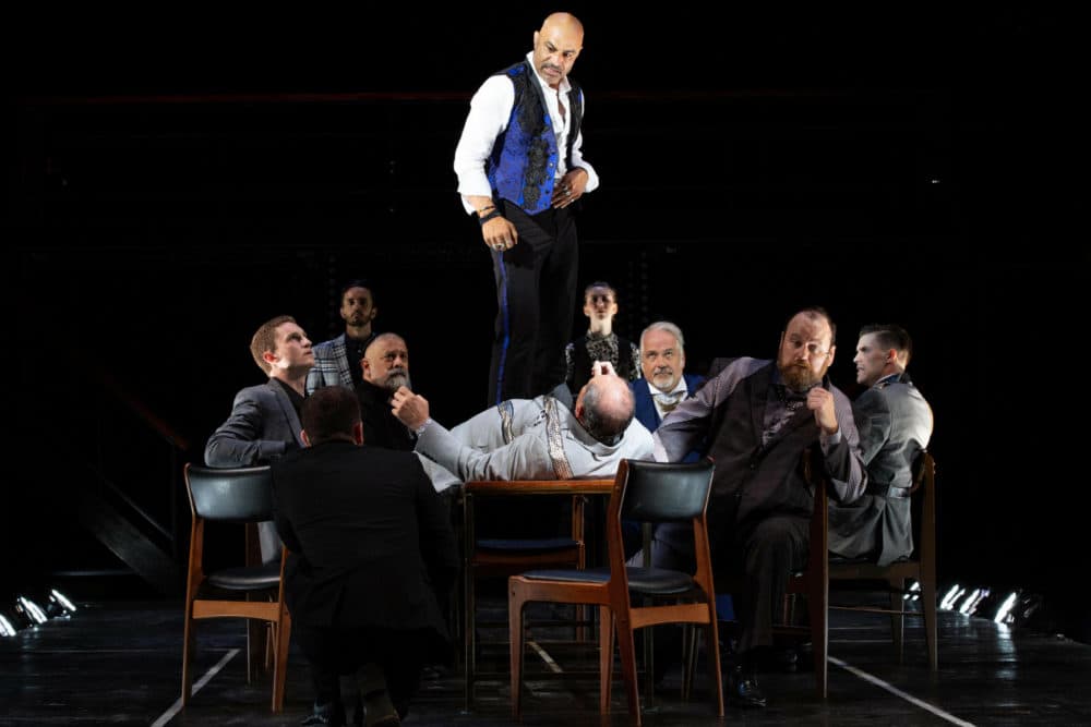 Faran Tahir as Richard III and the cast in Commonwealth Shakespeare Company's &quot;Richard III.&quot; (Courtesy Evgenia Eliseeva)