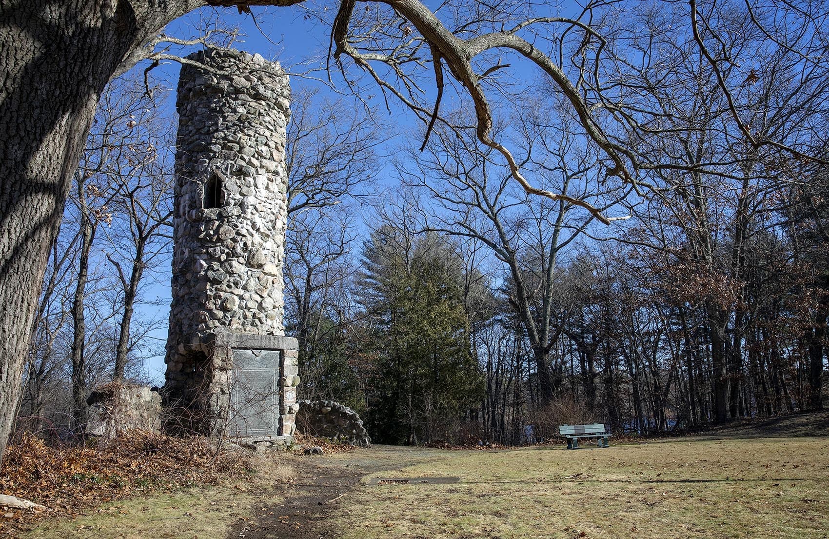Norumbega Tower, on Norumbega Road in Weston, which mentions the Charles river, “discovered by Leif Erikson, 1000 A.D.” (Robin Lubbock/WBUR)