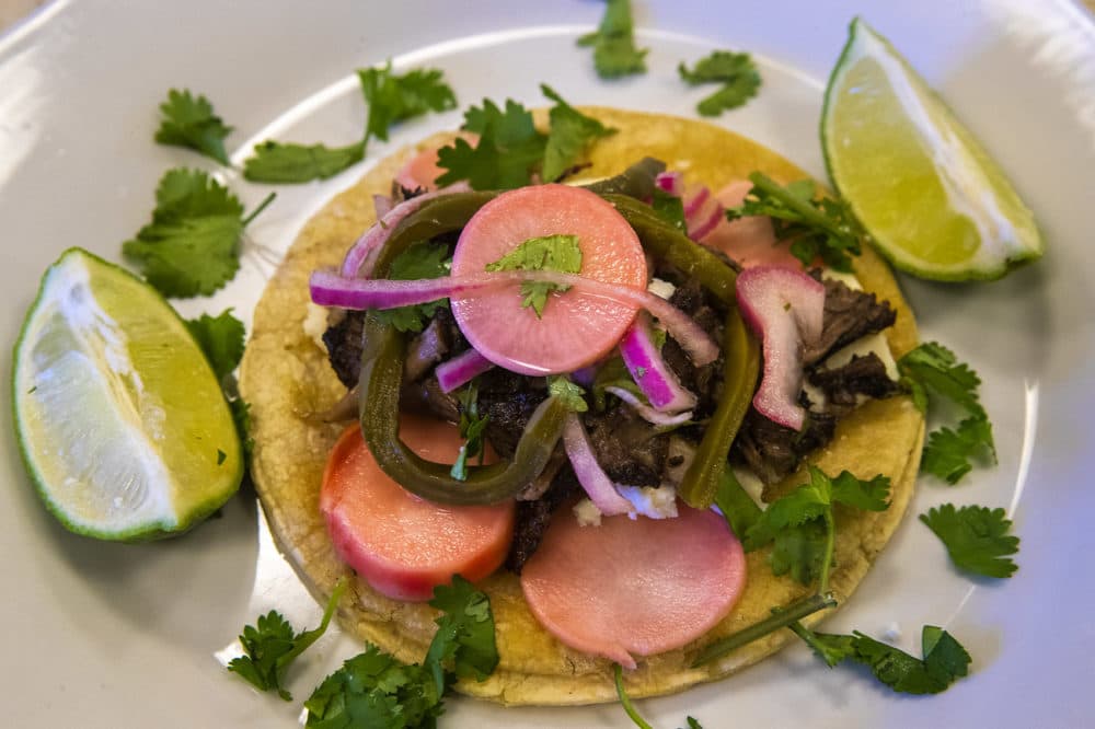 Chef Kathy Gunst's attempt to re-create the El Parian tacos from Loncheria El Parian in Detroit. (Jesse Costa/WBUR)