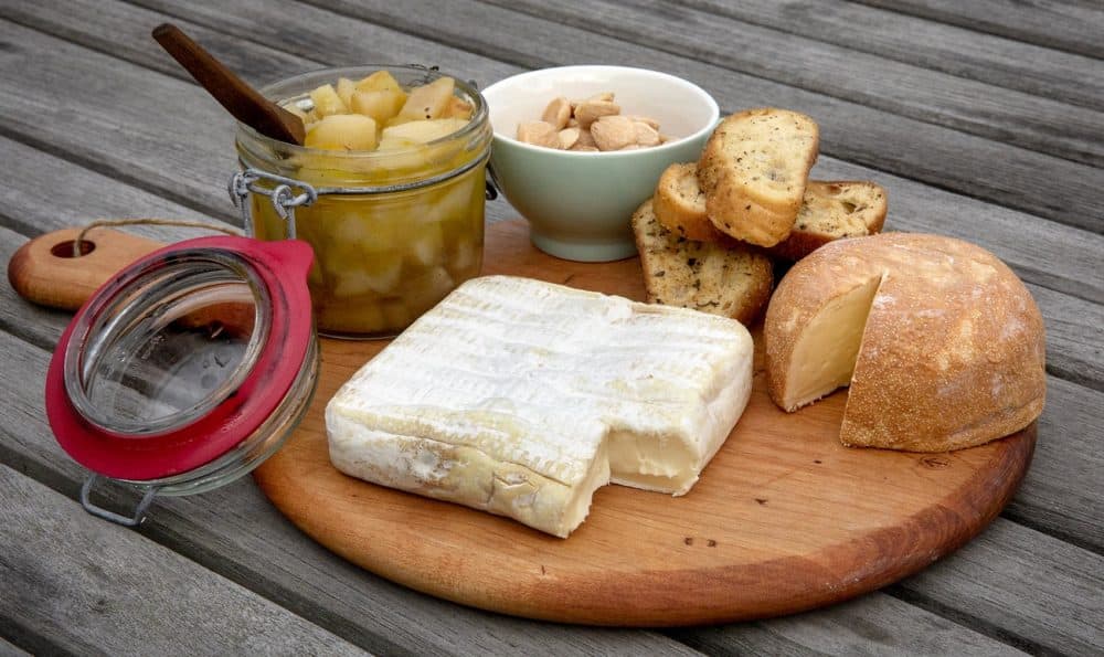 Chef Kathy Gunst's cheese plate with 10-minute pear relish. (Robin Lubbock/WBUR)