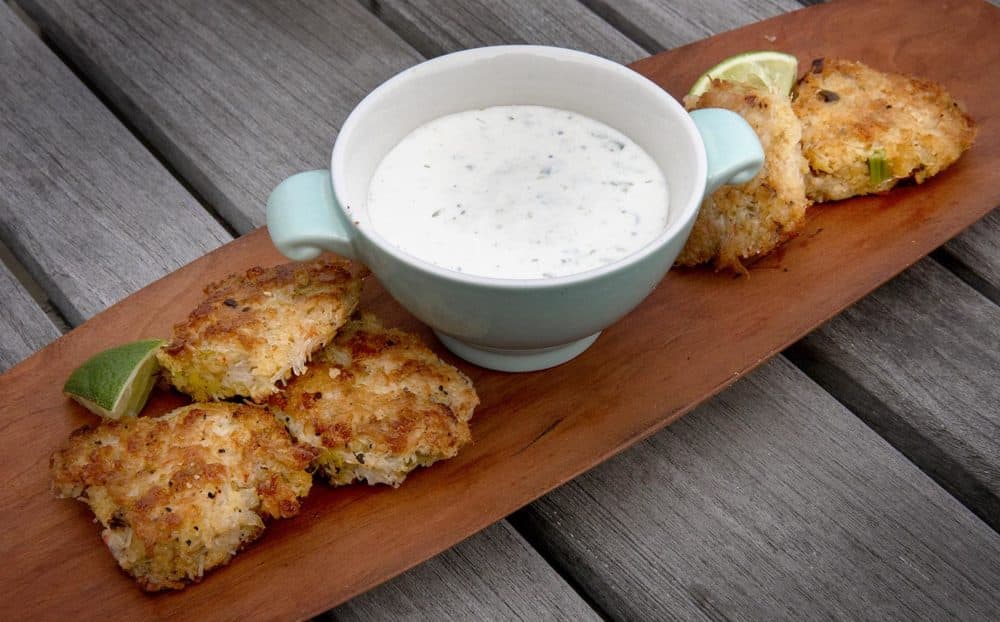 Ginger and lime crab cakes with a ginger-lime sauce, from chef Kathy Gunst. (Robin Lubbock/WBUR)