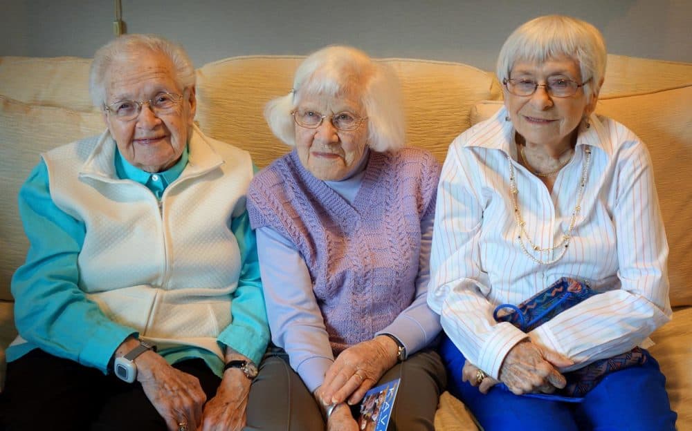 Holocaust survivors Edith Bart (left), Trudy Schwartz (middle) and Esther Adler, at the Orchard Cover Independent Living Facility in Canton, Mass. (Courtesy of John Pregulman)