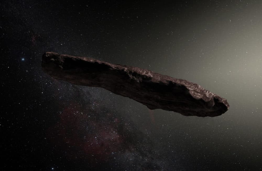 An artist's impression of ʻOumuamua, the first known interstellar object to pass through the solar system. (ESO/M. Kornmesser via Wikimedia Commons)
