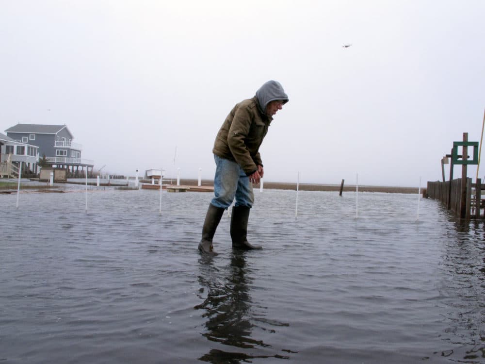 In this April 26, 2017, photo Jim O'Neill walks through a flooded street in front of his home in Manahawkin N.J., after a moderate storm. He lives in a low-lying area near the Jersey shore, and is often affected by back bay flooding, a type of recurring nuisance flooding that's affecting millions of Americans. (AP Photo/Wayne Parry)