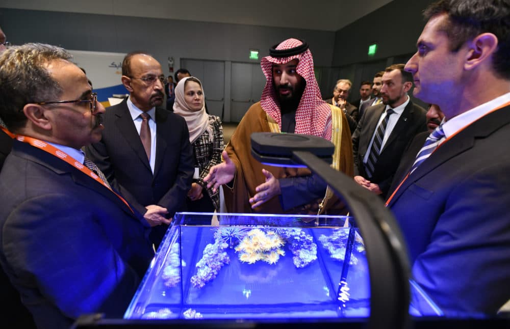 Crown Prince Mohammed bin Salman tours an innovation gallery of Saudi Arabian technology, including an exhibit by King Abdullah University of Science and Technology, during a visit to Massachusetts Institute of Technology on March 24. (Josh Reynolds/AP Images for KAUST)