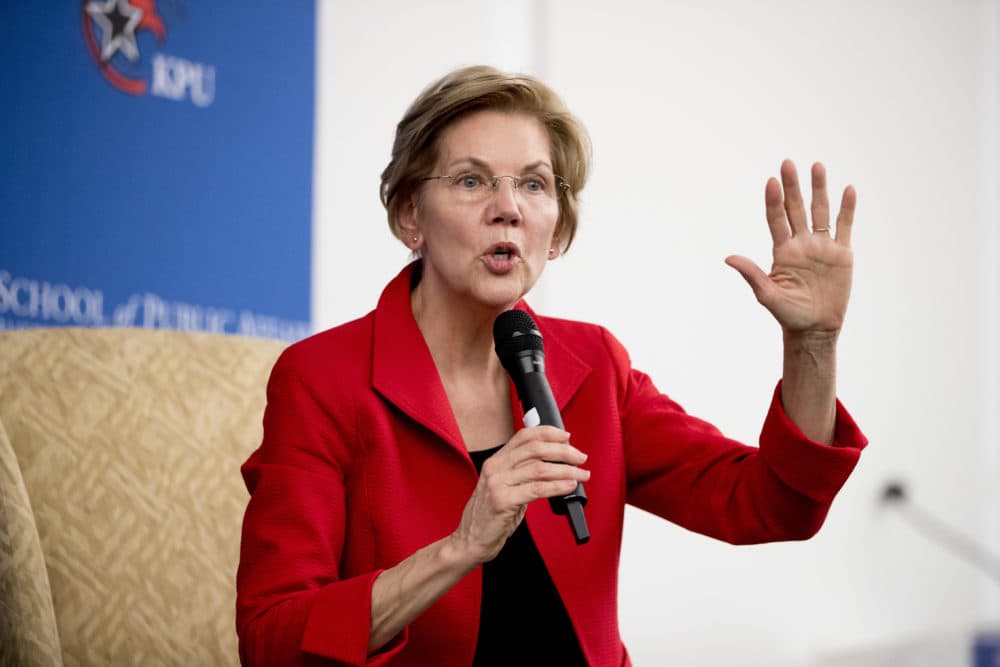 Sen. Elizabeth Warren, D-Mass., answers a question from the audience at the American University Washington College of Law in Washington, Thursday, Nov. 29, 2018, after delivering a speech on her foreign policy vision for the country. (Andrew Harnik/AP)