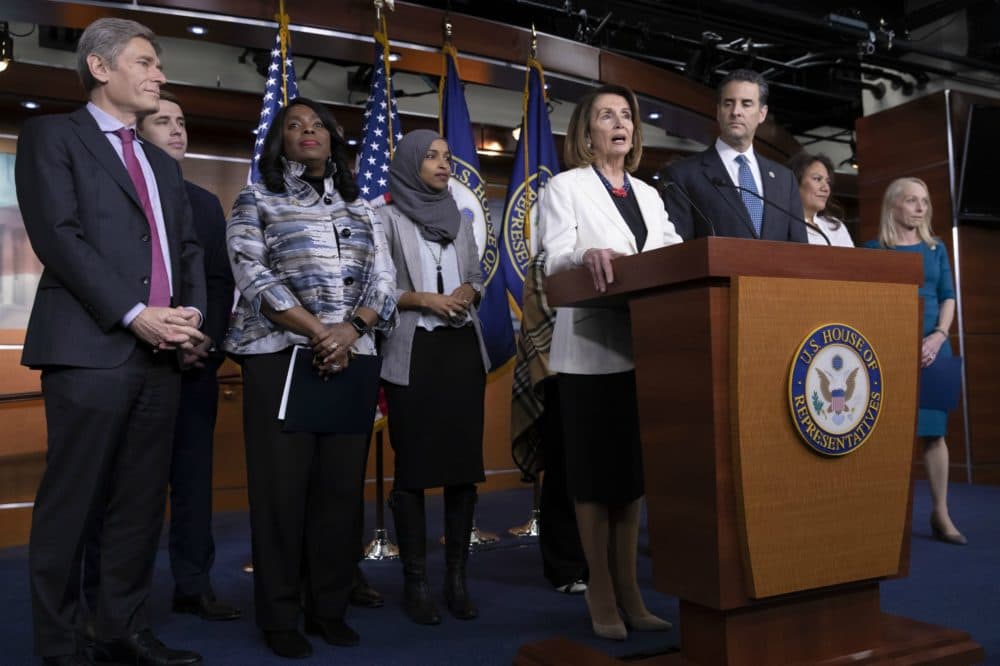 House Minority Leader Nancy Pelosi, D-Calif., is joined by fellow Democrats at a news conference to discuss their priorities when they assume the majority in the 116th Congress in January, at the Capitol in Washington, Friday, Nov. 30, 2018. From left are, Rep.-elect Tom Malinowski, D-N.J., Rep.-elect Chris Pappas, D-N.H., Rep. Terri Sewell, D-Ala., Rep.-elect Ilhan Omar, D-Minn., Rep. John Sarbanes, D-Md., Rep.-elect Veronica Escobar, D-Texas, and Rep.-elect Mary Gay Scanlon, D-Pa. (J. Scott Applewhite/AP)