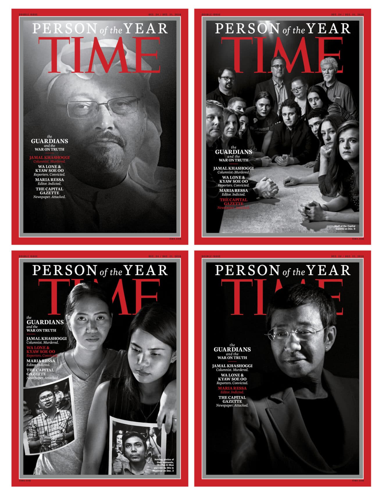 This combination photo provided by Time Magazine shows their four covers for the "Person of the Year" -- Jamal Khashoggi, top left, members of the Capital Gazette newspaper, of Annapolis, Md., top right, Wa Lone and Kyaw Soe Oo, bottom left, and Maria Ressa. (Time Magazine via AP)