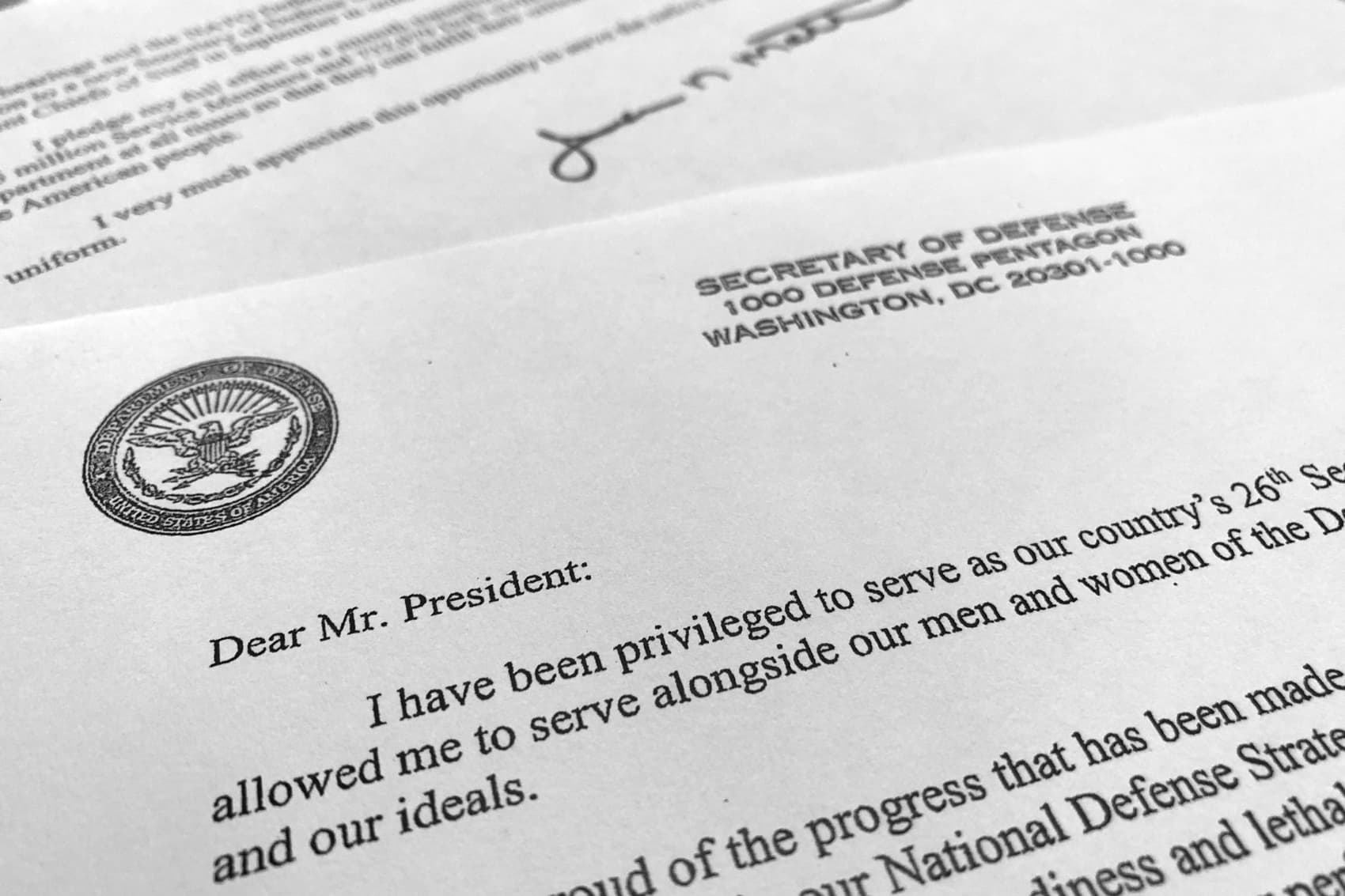 Part of Defense Secretary Jim Mattis' resignation letter to President Donald Trump is photographed in Washington, Thursday, Dec. 20, 2018. (Jon Elswick/AP)