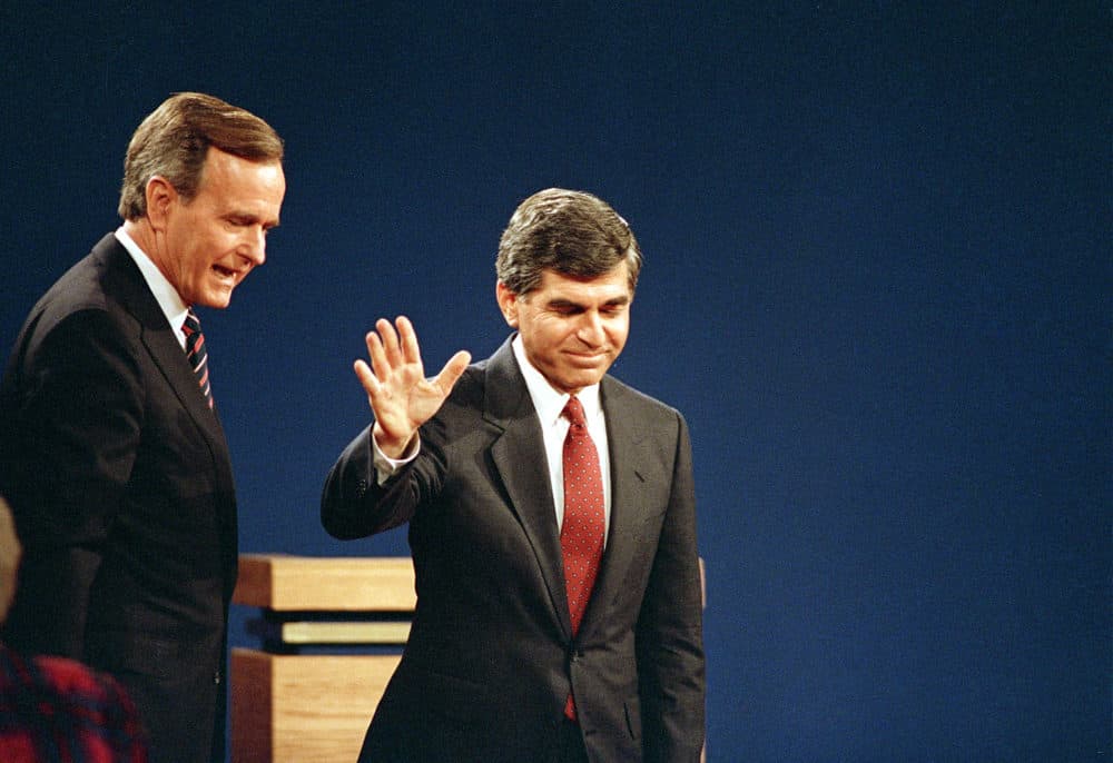 Michael Dukakis and George H.W. Bush at their final presidential debate in October 1988. (Lennox McLendon/AP)
