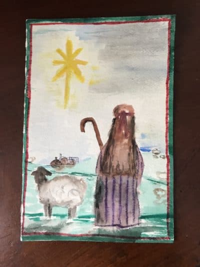As a sixth grader, the author took a watercolor painting class where she created this holiday card with a scene of a wondering, wandering shepherd. Circa 1985. (Courtesy)