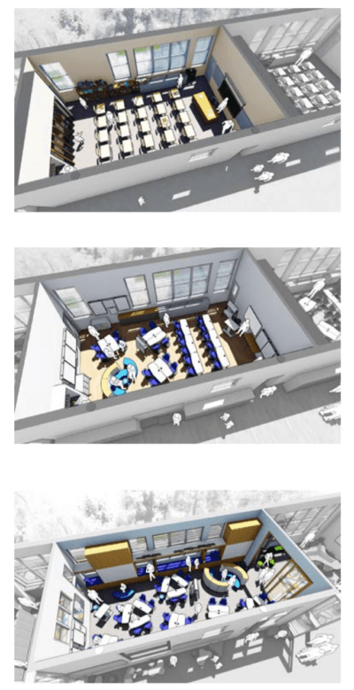 An artist's rendering comparing 20th and 21st-century classrooms from the BuildBPS report.