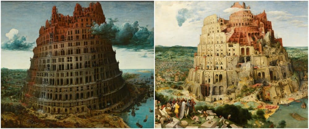 Bruegel's depictions of &quot;Tower of Babel,&quot; with the version from Rotterdam on the left and Vienna on the right. 