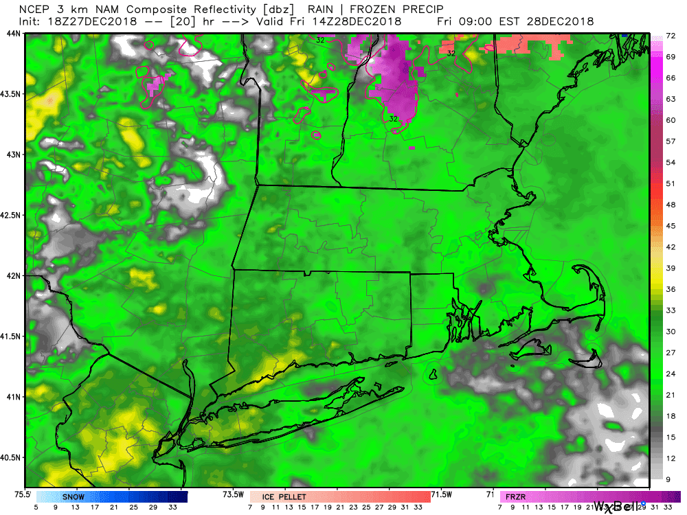 Rain will be falling in southern New England much of the morning and early afternoon. (WeatherBell)
