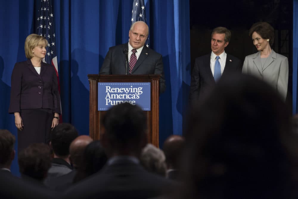 Amy Adams as Lynne Cheney, Christian Bale as Dick Cheney, Sam Rockwell as George W. Bush, and Andrea Wright as Laura Busch in &quot;Vice.&quot; (Courtesy Matt Kennedy/Annapurna Pictures)