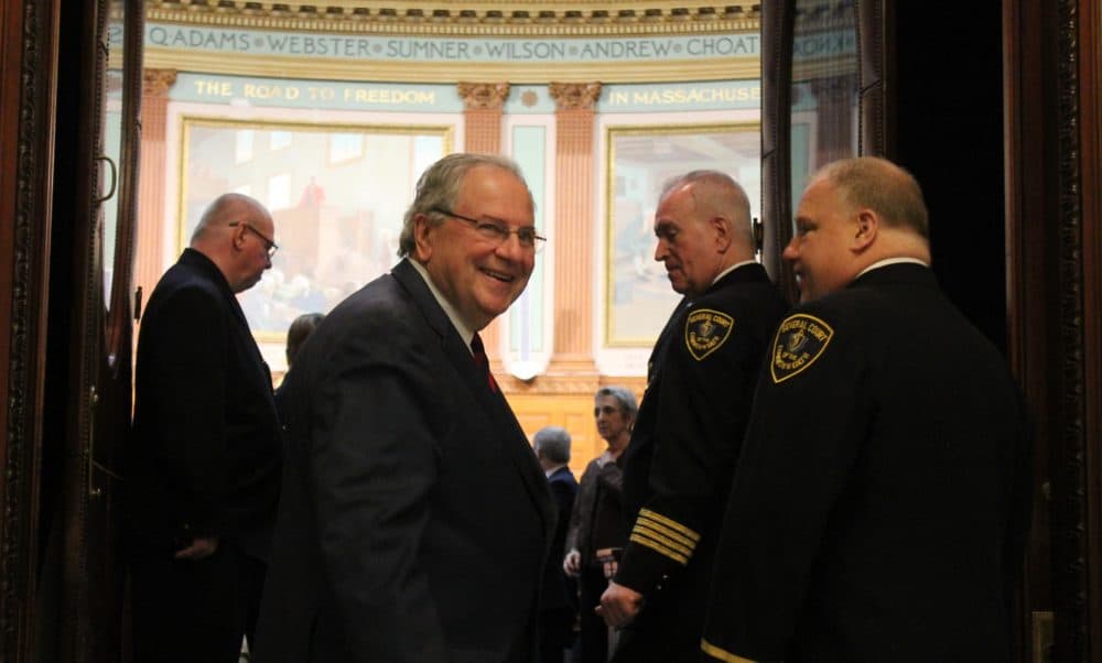 Speaker Robert DeLeo waited to enter the House on Wednesday after his reelection to a sixth term. (Sam Doran/State House News Service)