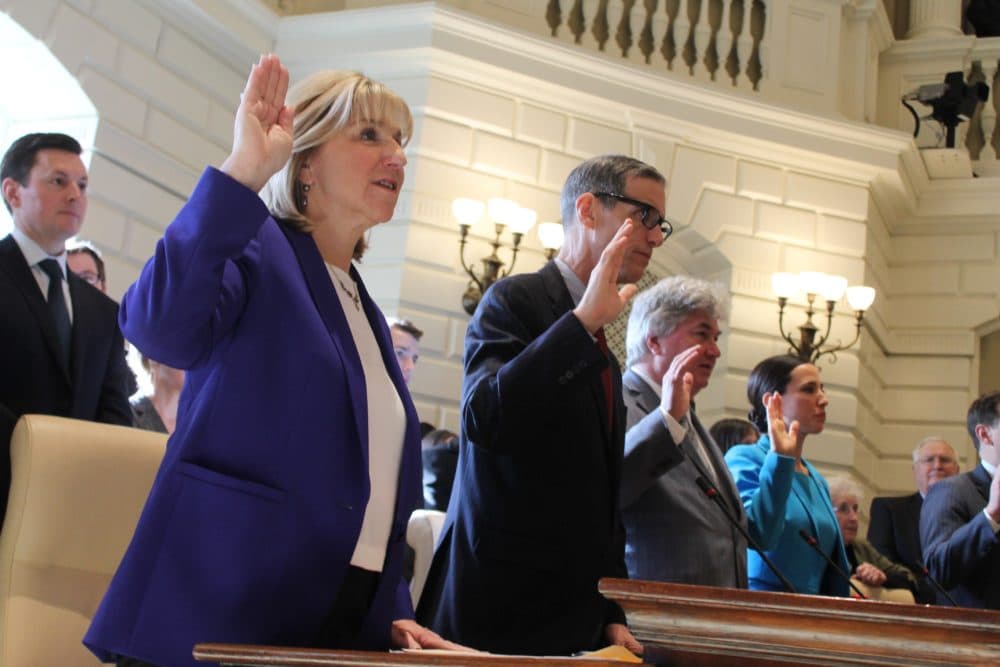 Sen. Karen Spilka and fellow senators took their oaths of office on Wednesday prior to Spilka's election to her first full term as Senate president. (Sam Doran/State House News Service)